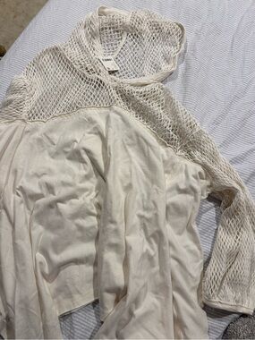 Free People Cream Knit Mesh & Draped Sweater